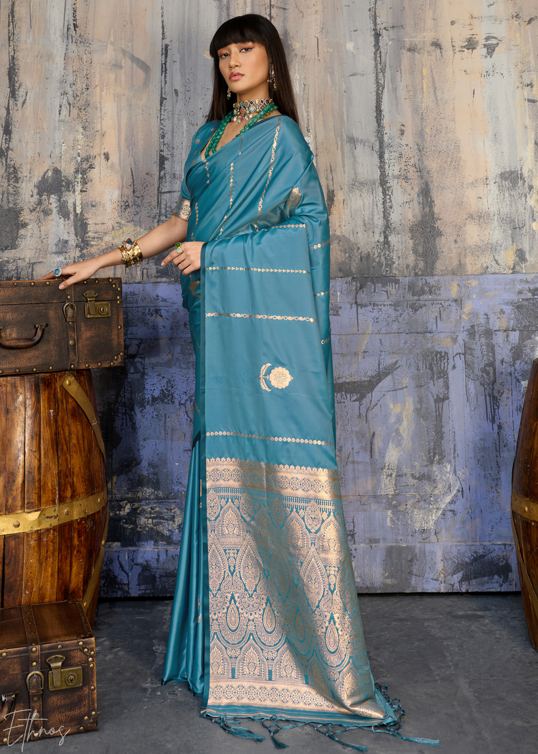 Copper Patina Floral Woven Satin Saree