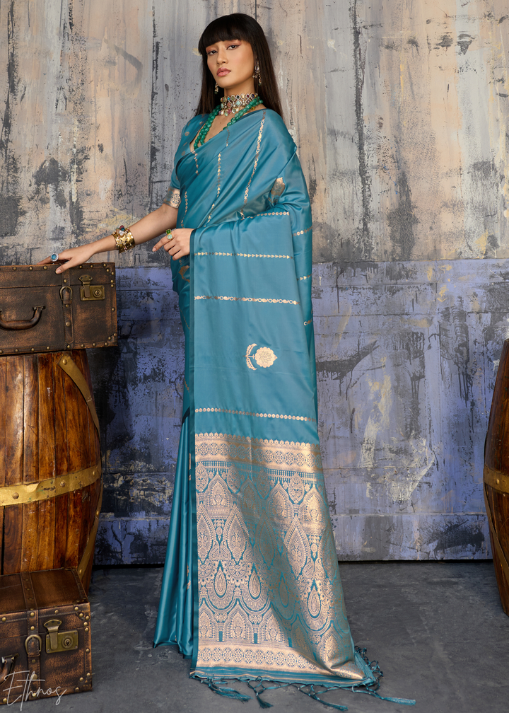 Copper Patina Floral Woven Satin Saree