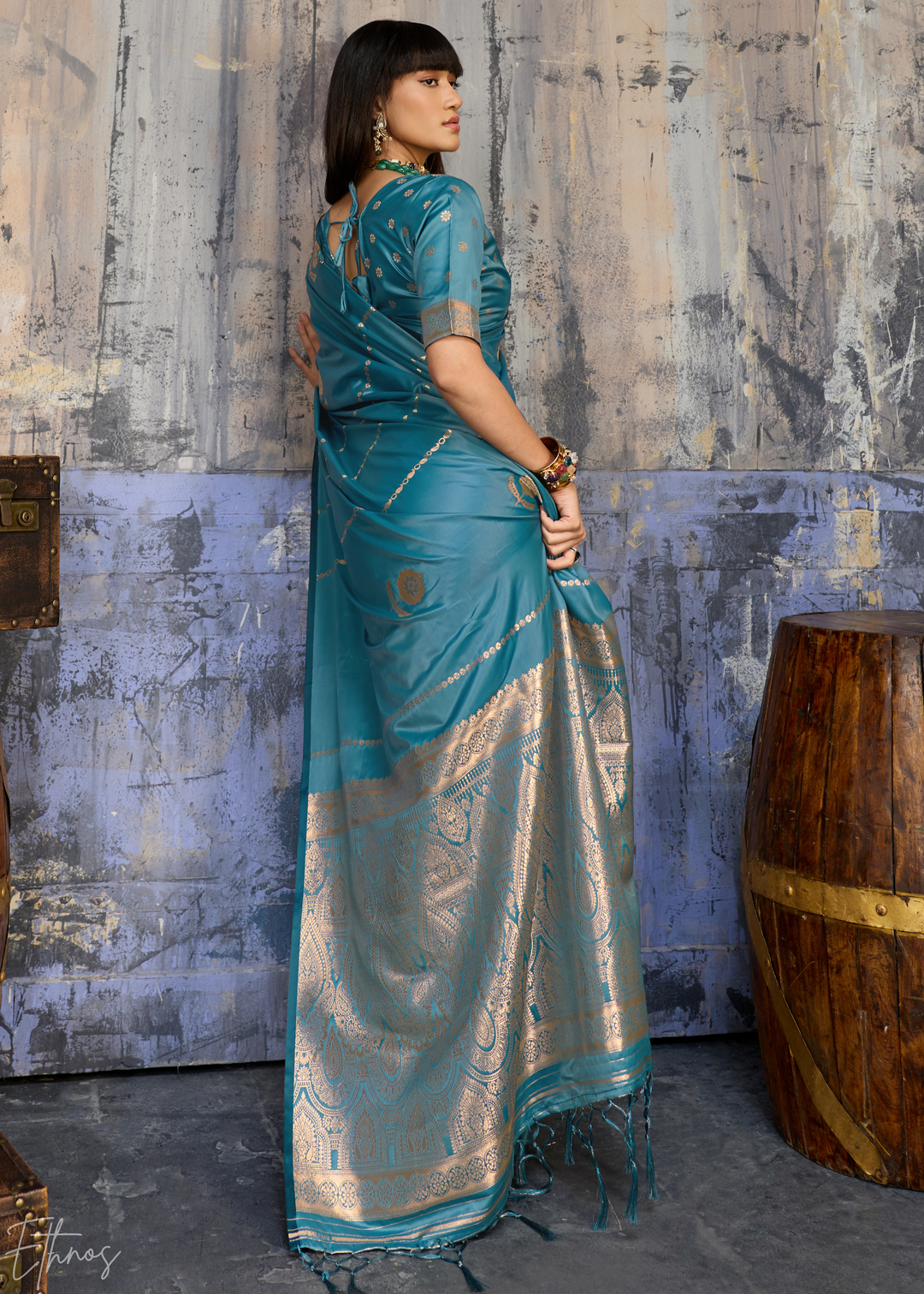 Copper Patina Floral Woven Satin Saree
