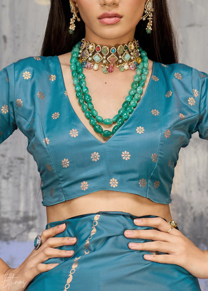 Copper Patina Floral Woven Satin Saree
