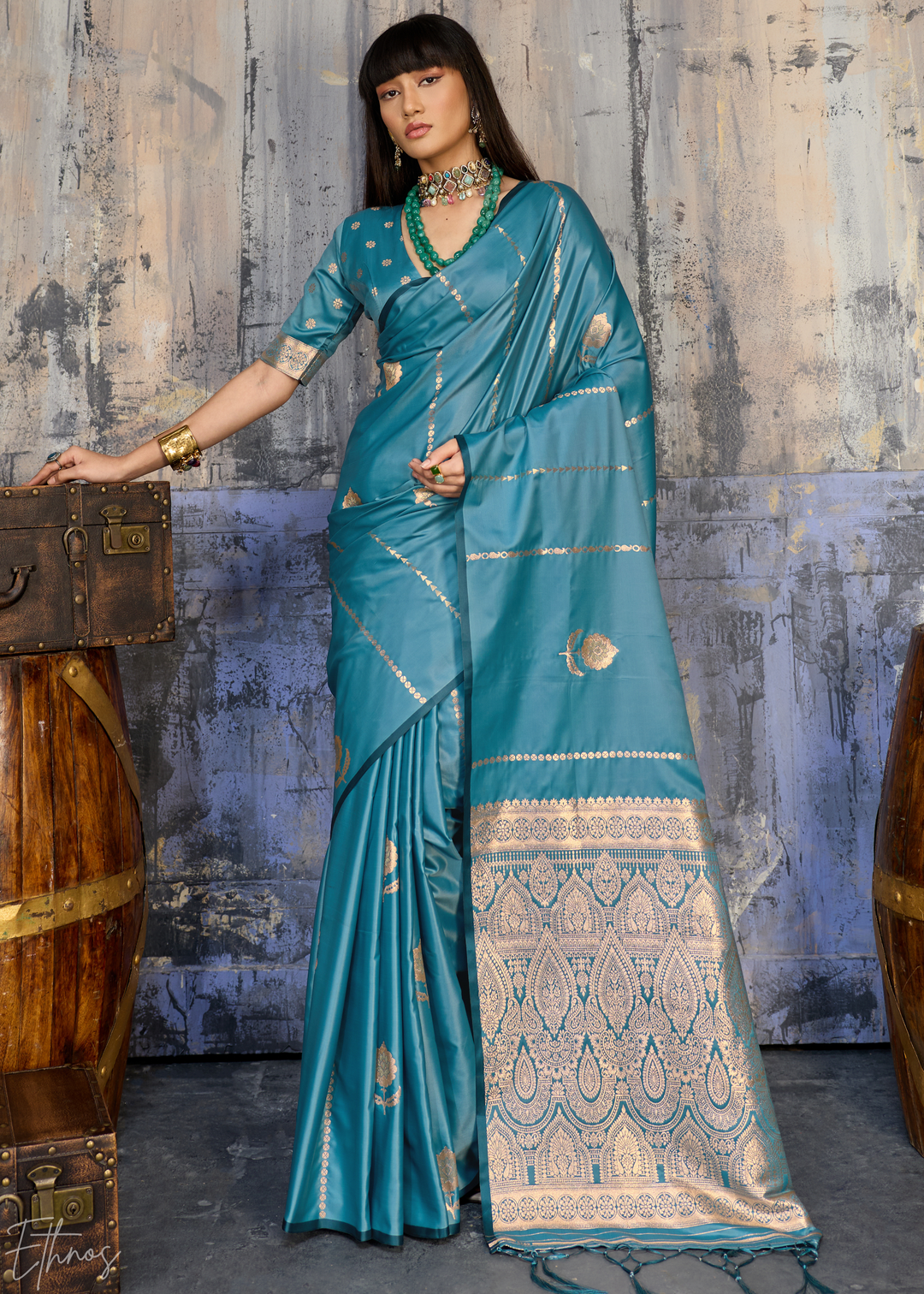 Copper Patina Floral Woven Satin Saree