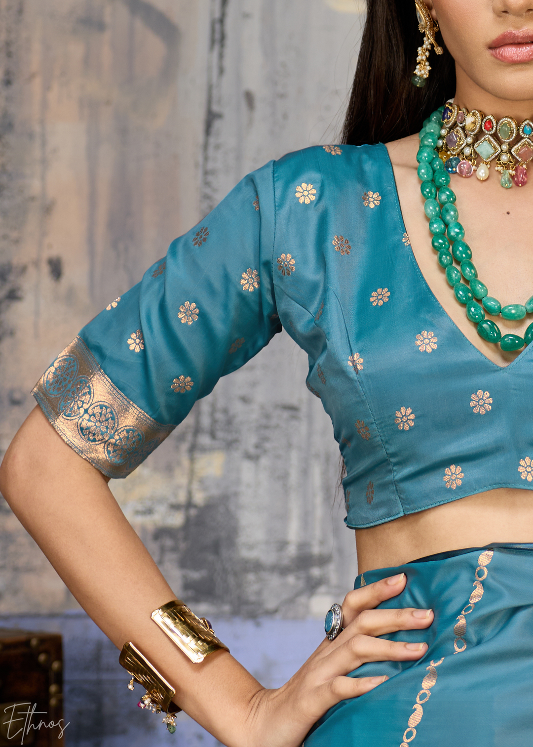 Copper Patina Floral Woven Satin Saree