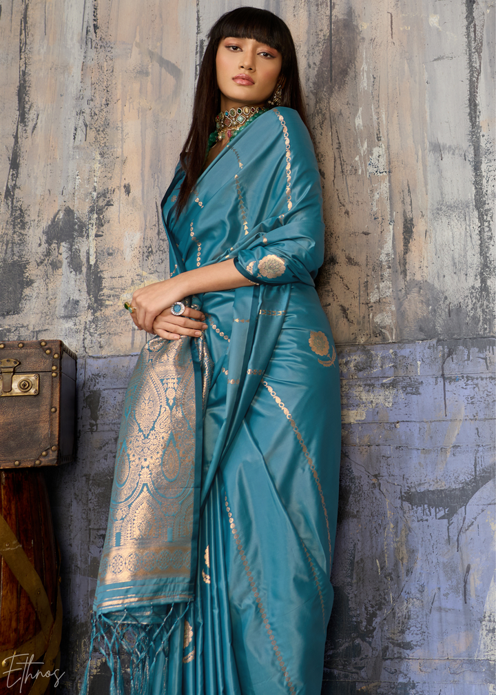 Copper Patina Floral Woven Satin Saree
