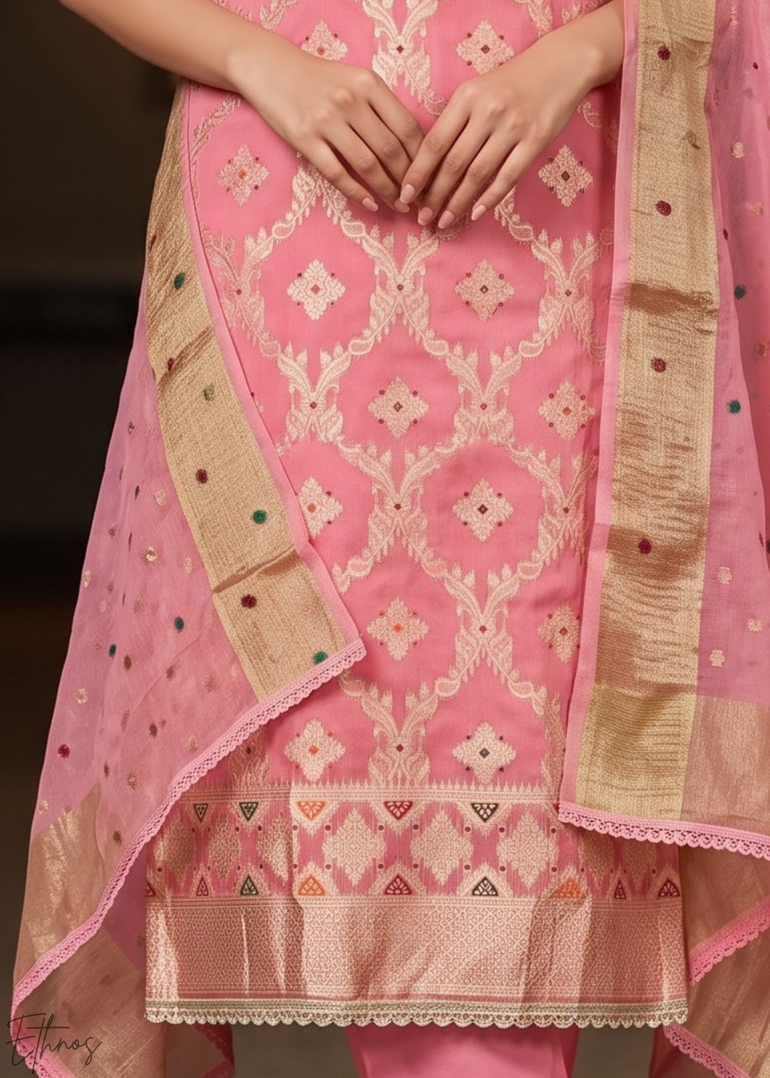 Coral Blush Geometric Tile Banarasi Cotton Pant Suit