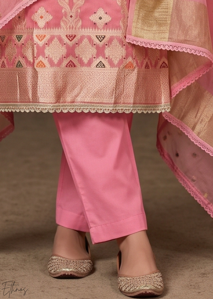 Coral Blush Geometric Tile Banarasi Cotton Pant Suit