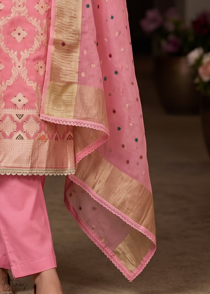 Coral Blush Geometric Tile Banarasi Cotton Pant Suit