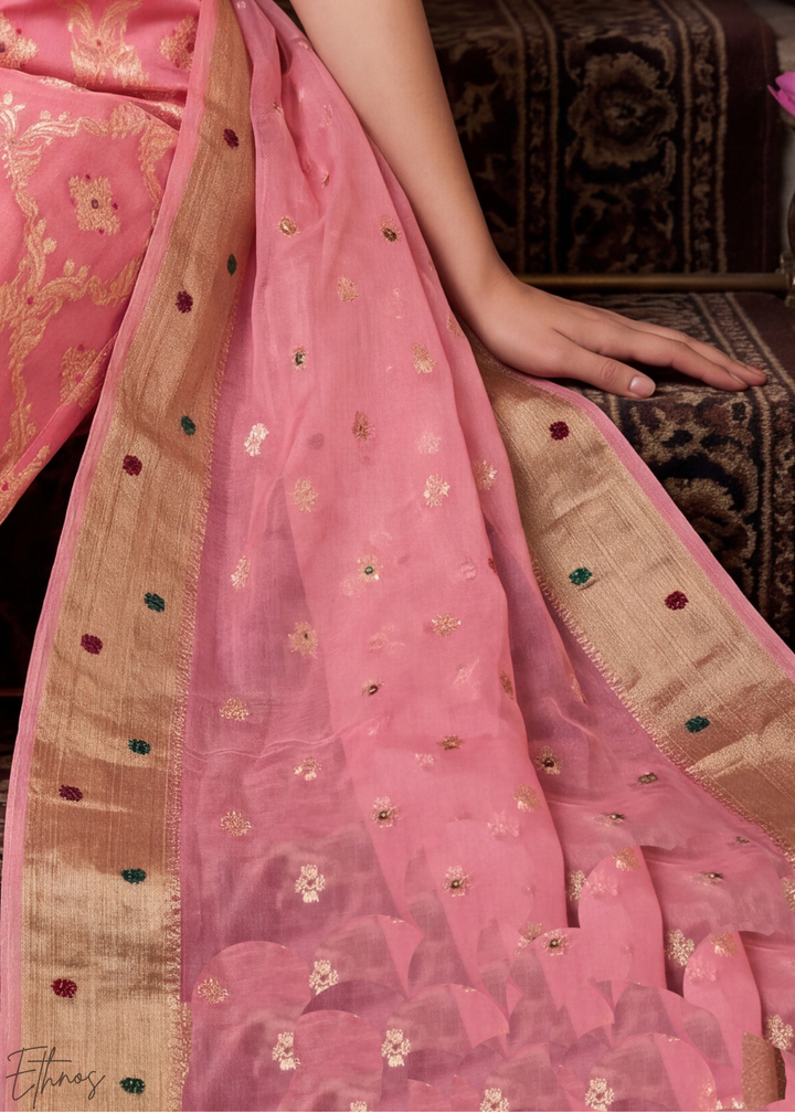 Coral Blush Geometric Tile Banarasi Cotton Pant Suit