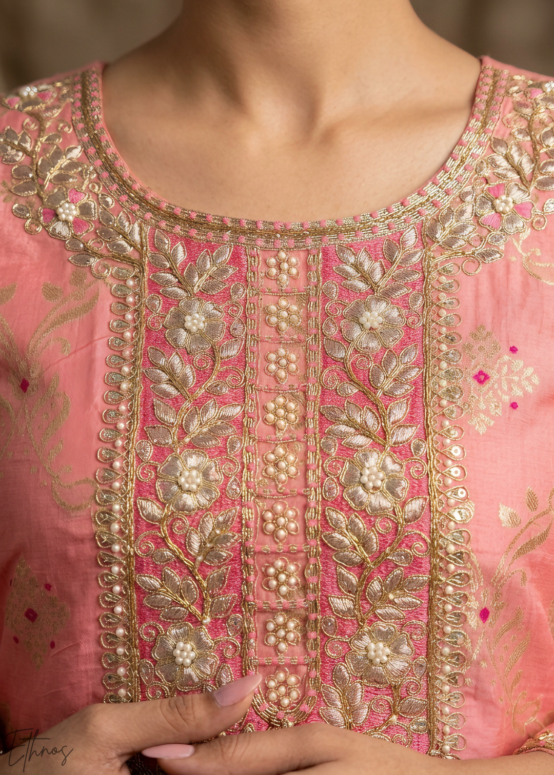 Coral Blush Geometric Tile Banarasi Cotton Pant Suit