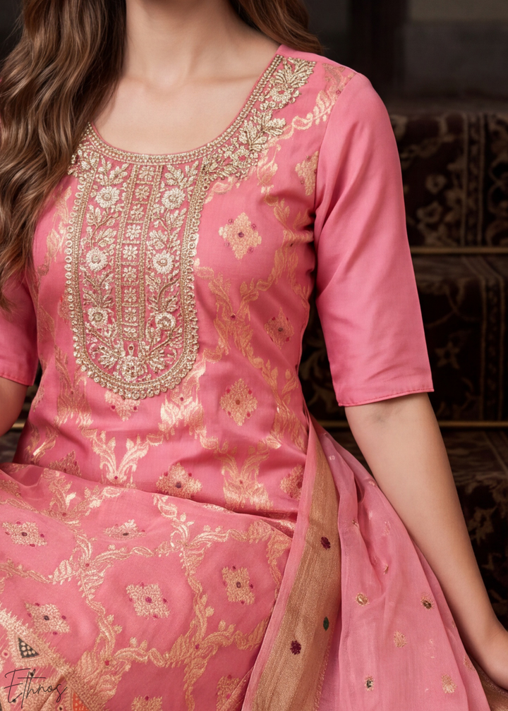 Coral Blush Geometric Tile Banarasi Cotton Pant Suit