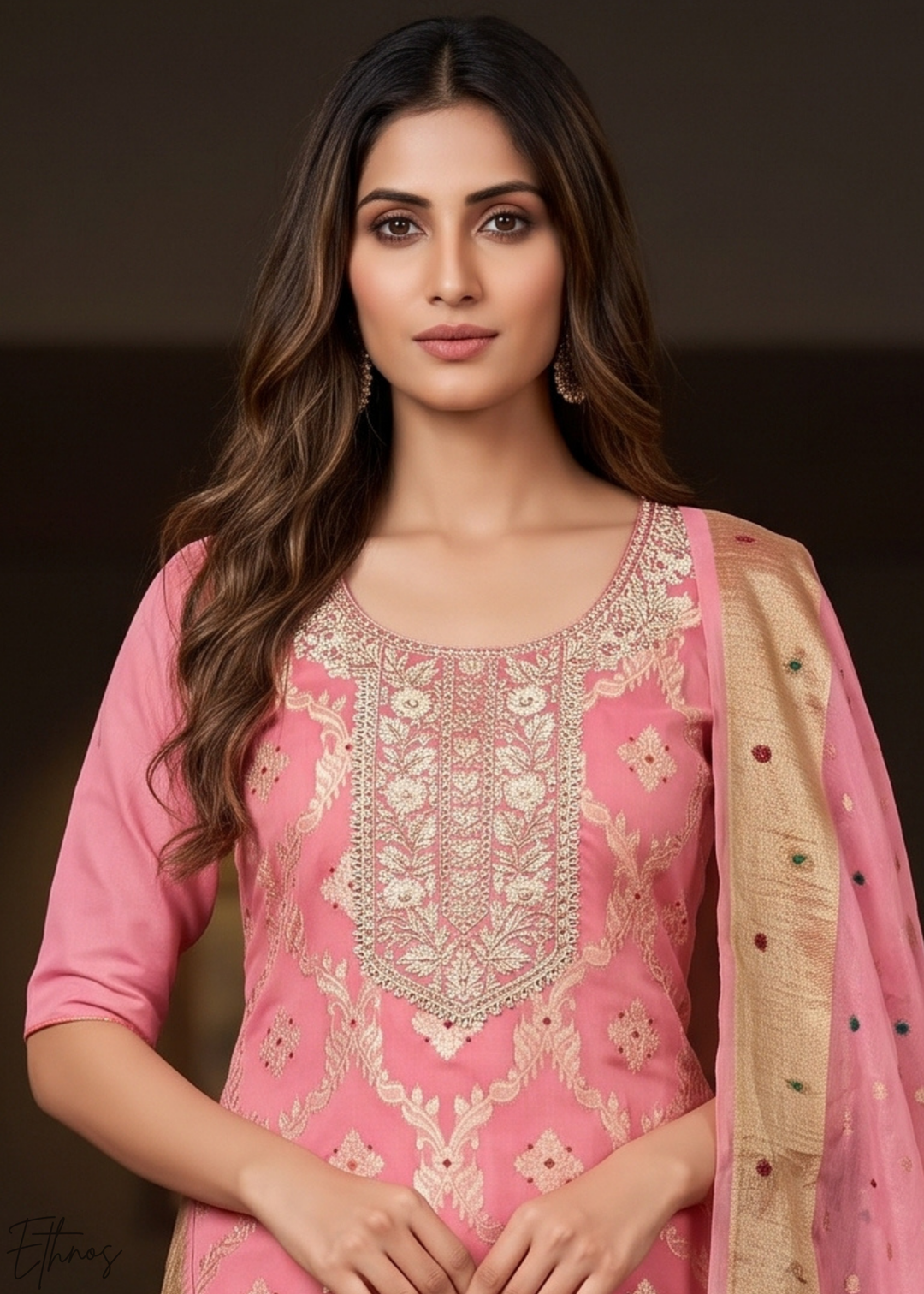 Coral Blush Geometric Tile Banarasi Cotton Pant Suit