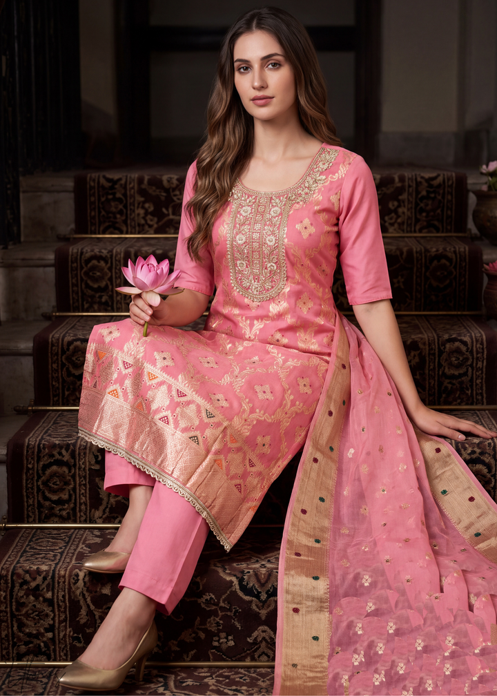 Coral Blush Geometric Tile Banarasi Cotton Pant Suit