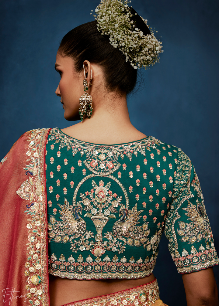 Coral Blush Tambour Embroidered Border Tissue Saree
