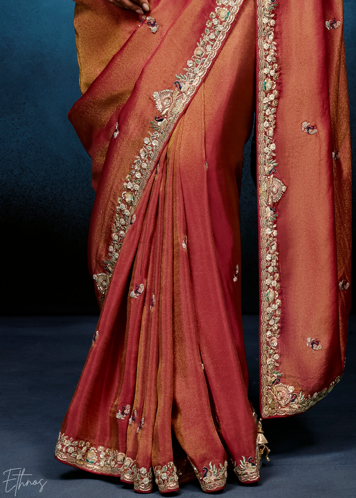 Coral Blush Tambour Embroidered Border Tissue Saree