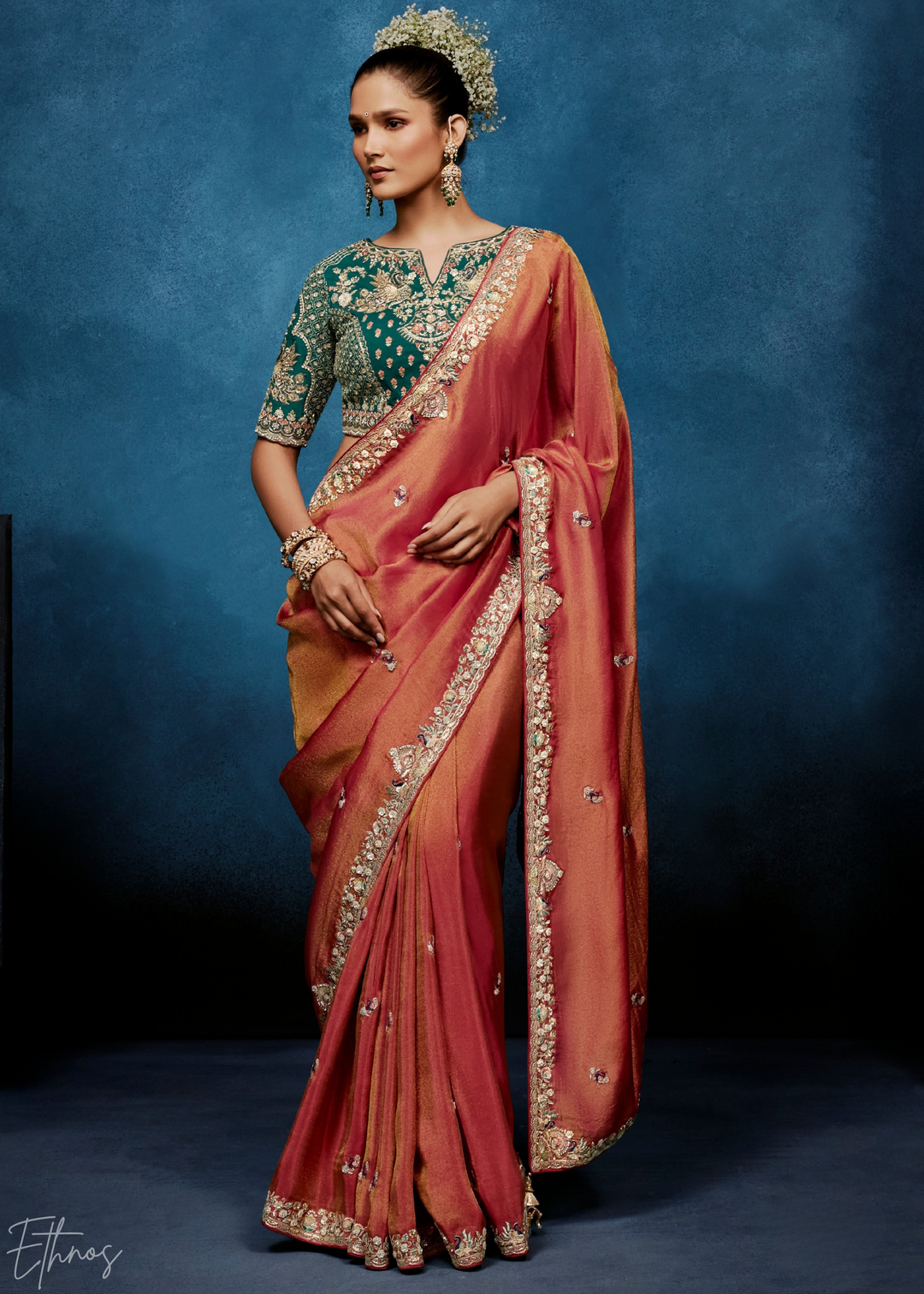 Coral Blush Tambour Embroidered Border Tissue Saree