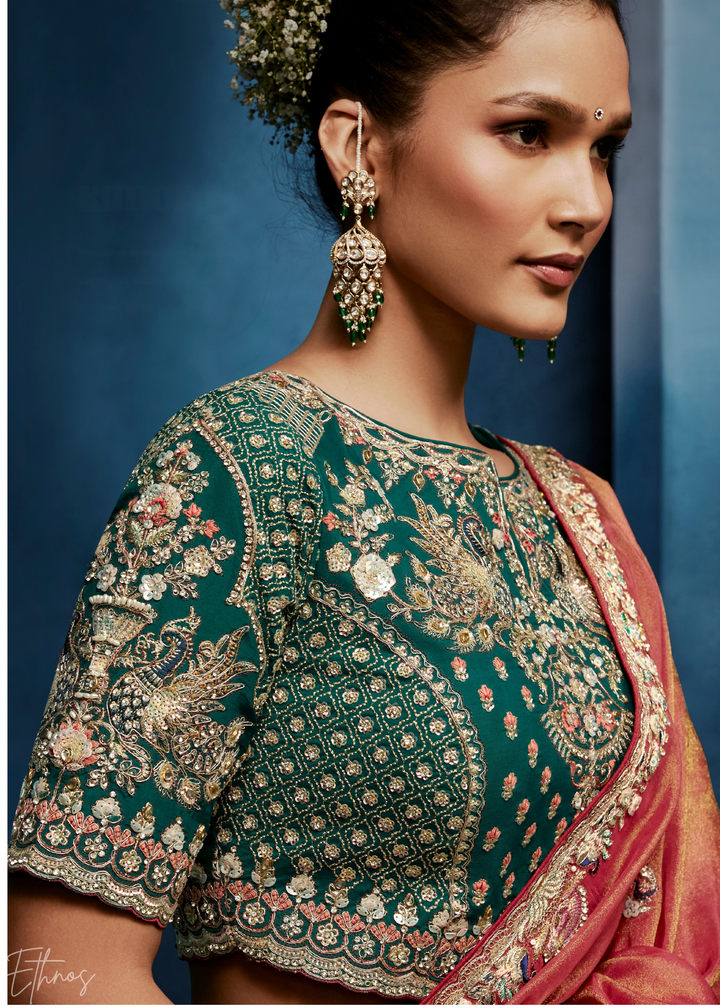 Coral Blush Tambour Embroidered Border Tissue Saree