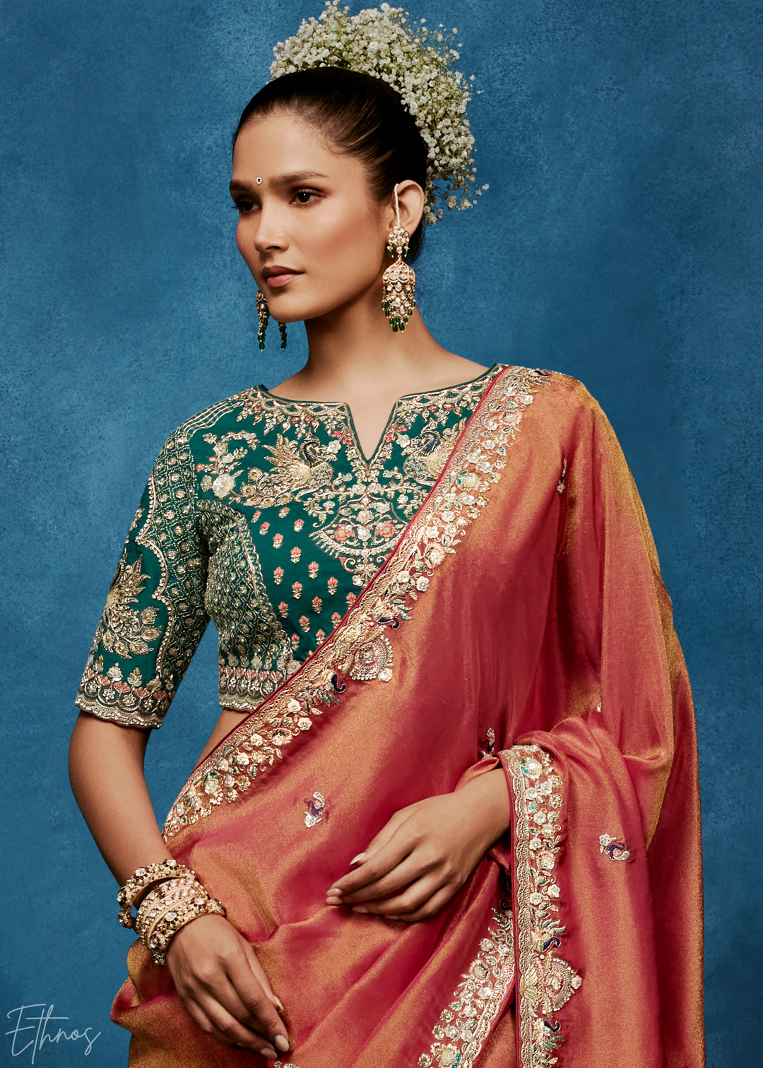 Coral Blush Tambour Embroidered Border Tissue Saree