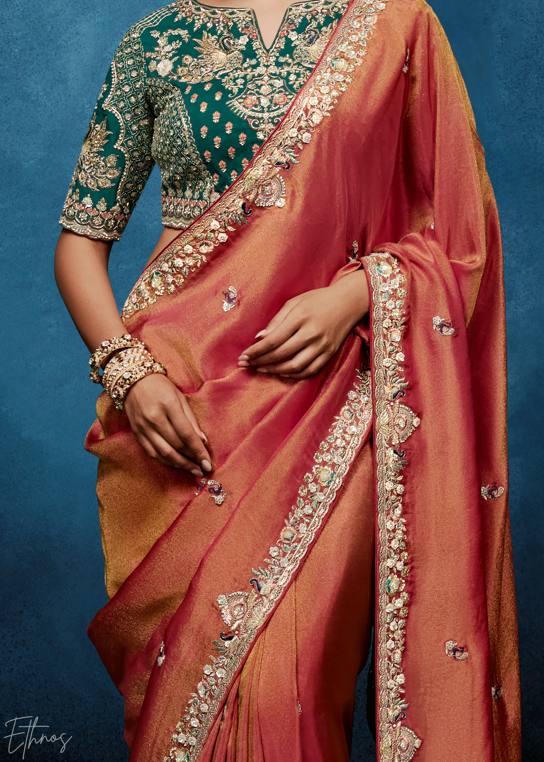 Coral Blush Tambour Embroidered Border Tissue Saree