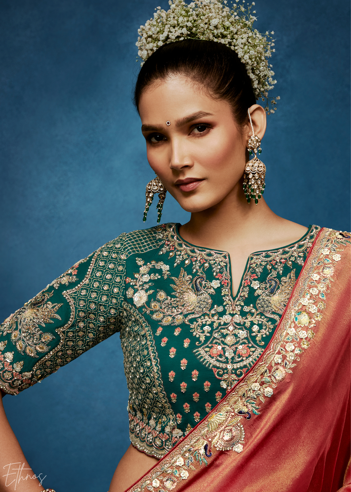 Coral Blush Tambour Embroidered Border Tissue Saree