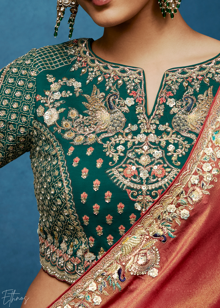 Coral Blush Tambour Embroidered Border Tissue Saree