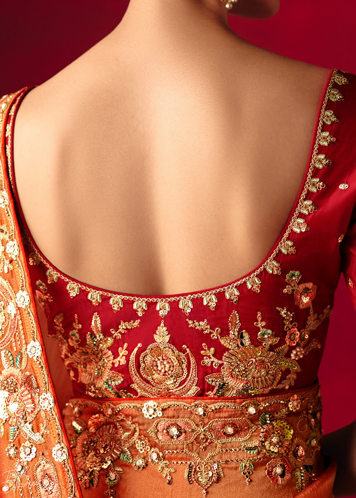 Coral Orange Floral Sequin Embroidered Organza Tissue Saree