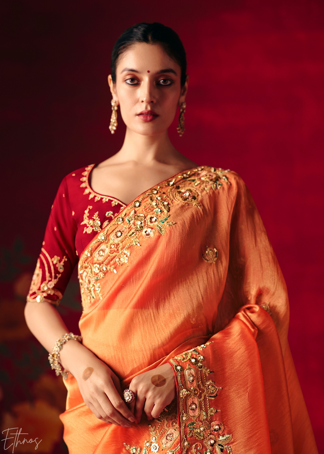 Coral Orange Floral Sequin Embroidered Organza Tissue Saree