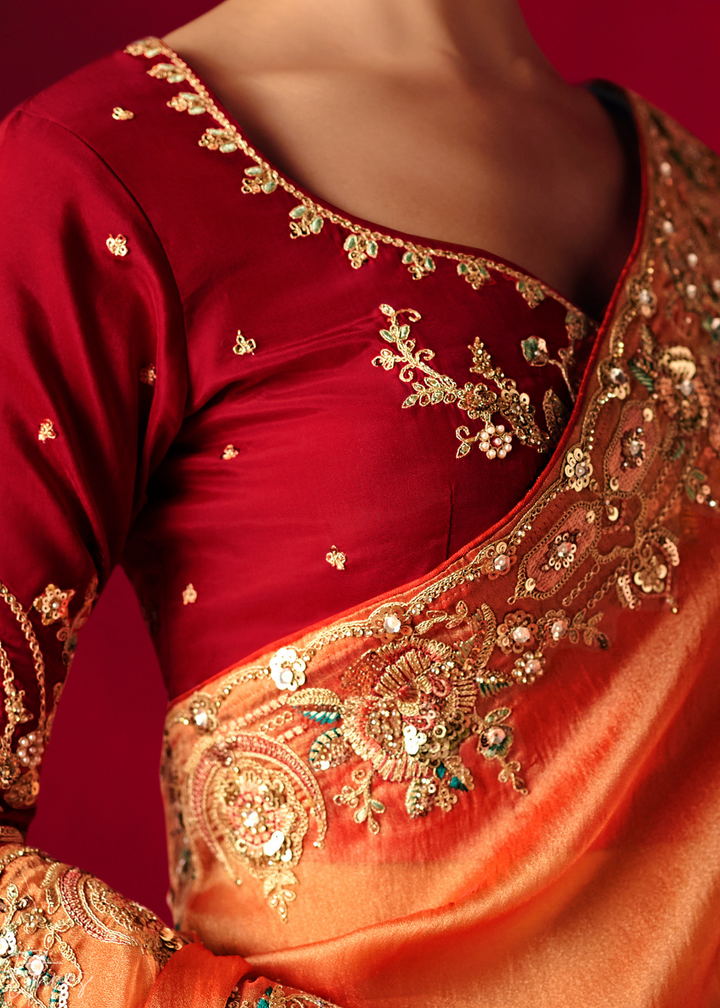 Coral Orange Floral Sequin Embroidered Organza Tissue Saree
