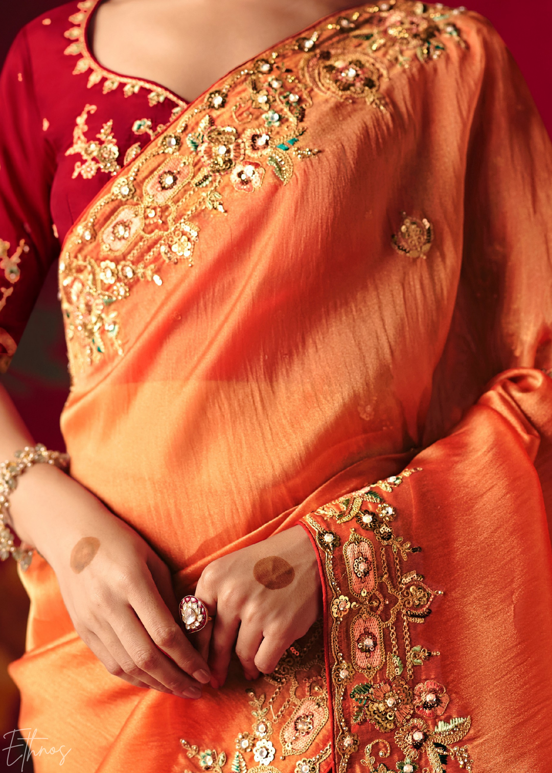 Coral Orange Floral Sequin Embroidered Organza Tissue Saree
