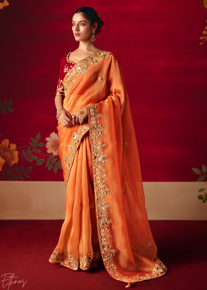 Coral Orange Floral Sequin Embroidered Organza Tissue Saree
