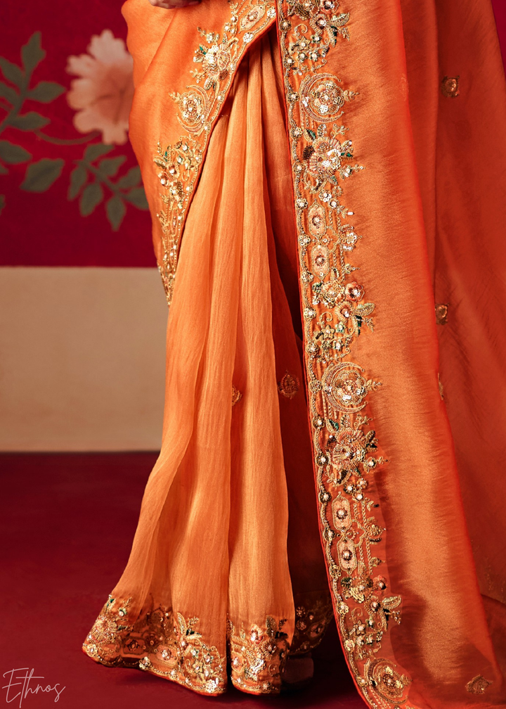 Coral Orange Floral Sequin Embroidered Organza Tissue Saree