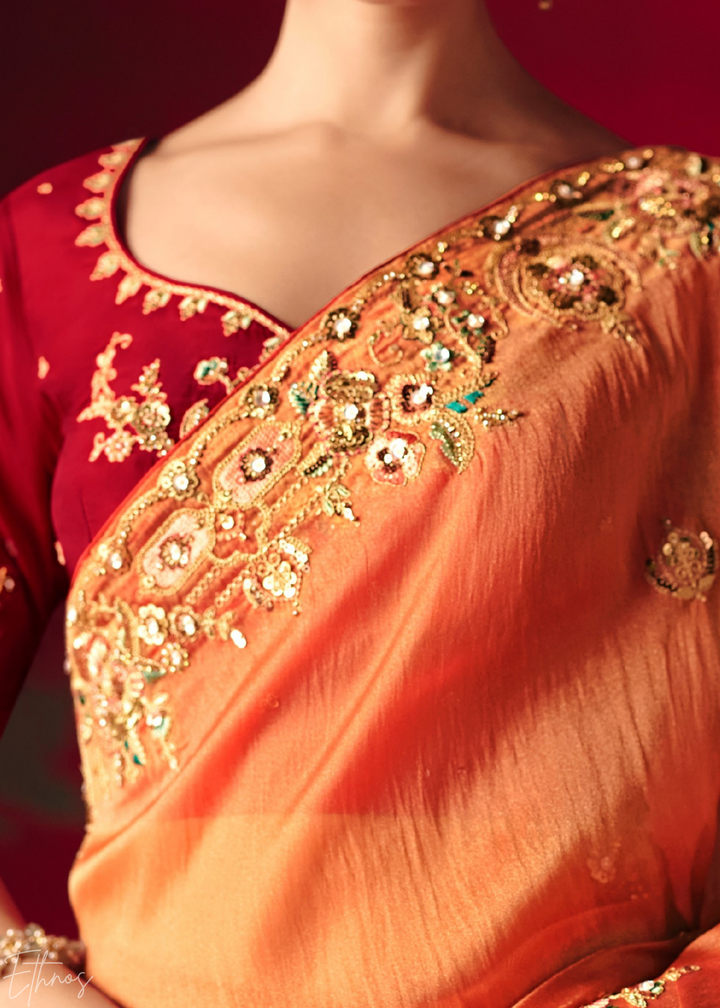 Coral Orange Floral Sequin Embroidered Organza Tissue Saree
