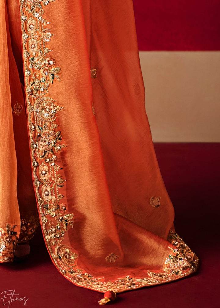 Coral Orange Floral Sequin Embroidered Organza Tissue Saree
