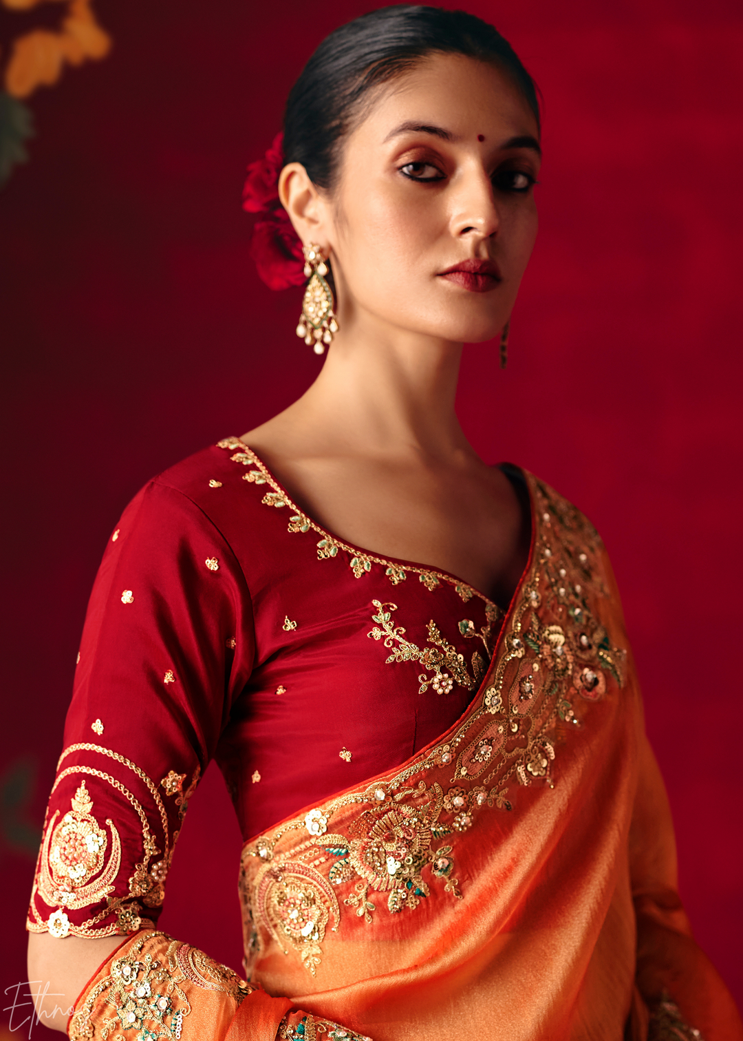 Coral Orange Floral Sequin Embroidered Organza Tissue Saree