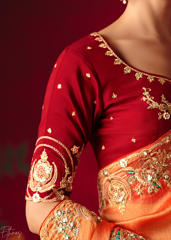 Coral Orange Floral Sequin Embroidered Organza Tissue Saree