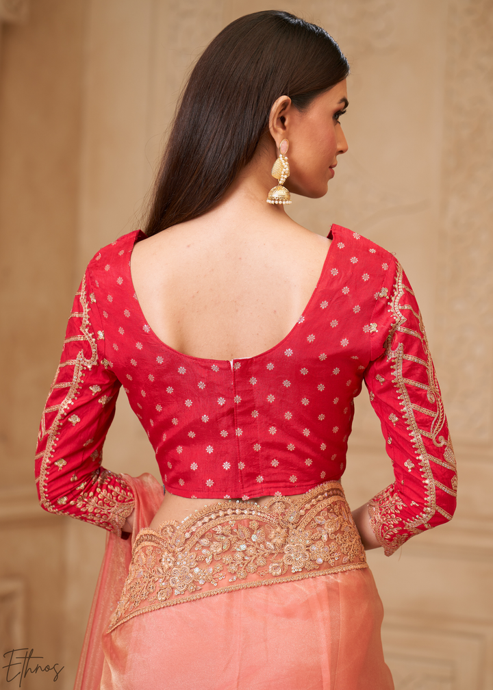 Coral Peach Classic Border Satin Georgette Saree