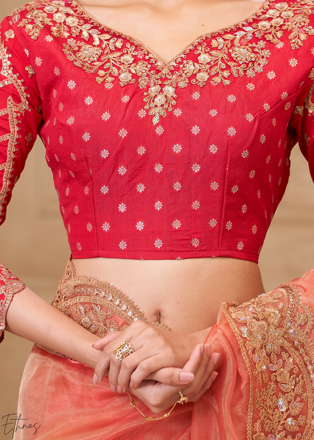 Coral Peach Classic Border Satin Georgette Saree