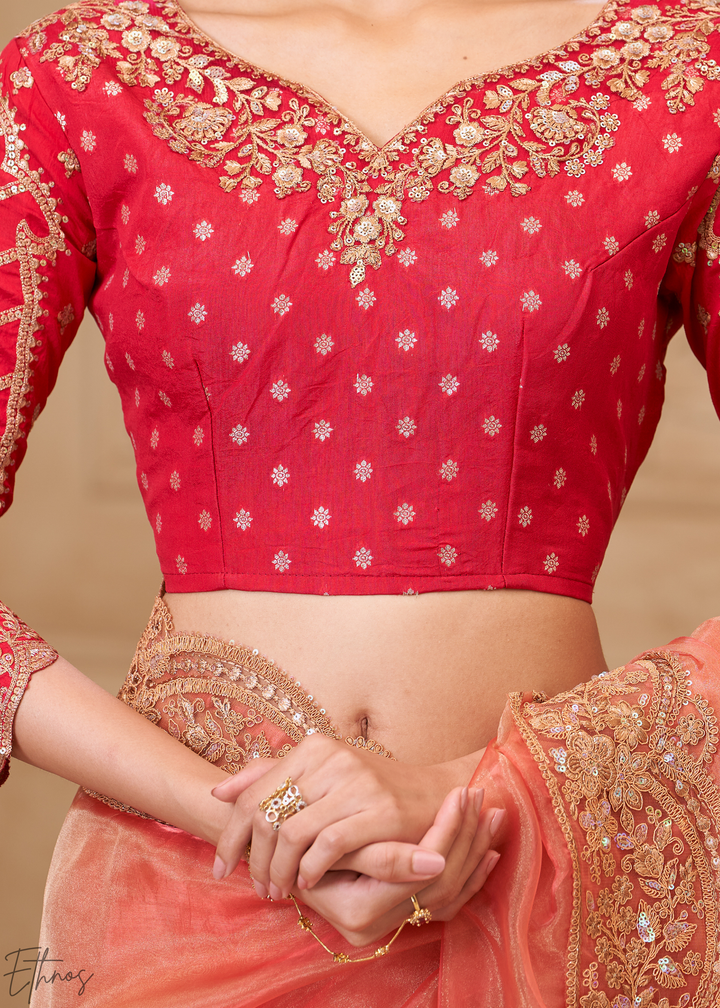 Coral Peach Classic Border Satin Georgette Saree