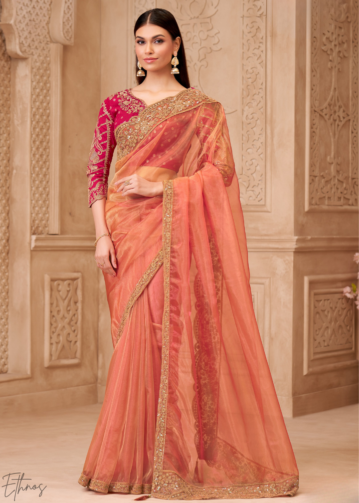 Coral Peach Classic Border Satin Georgette Saree