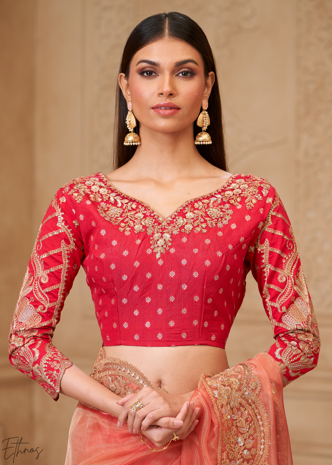 Coral Peach Classic Border Satin Georgette Saree