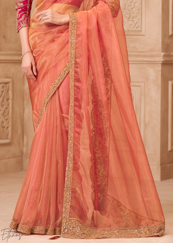 Coral Peach Classic Border Satin Georgette Saree