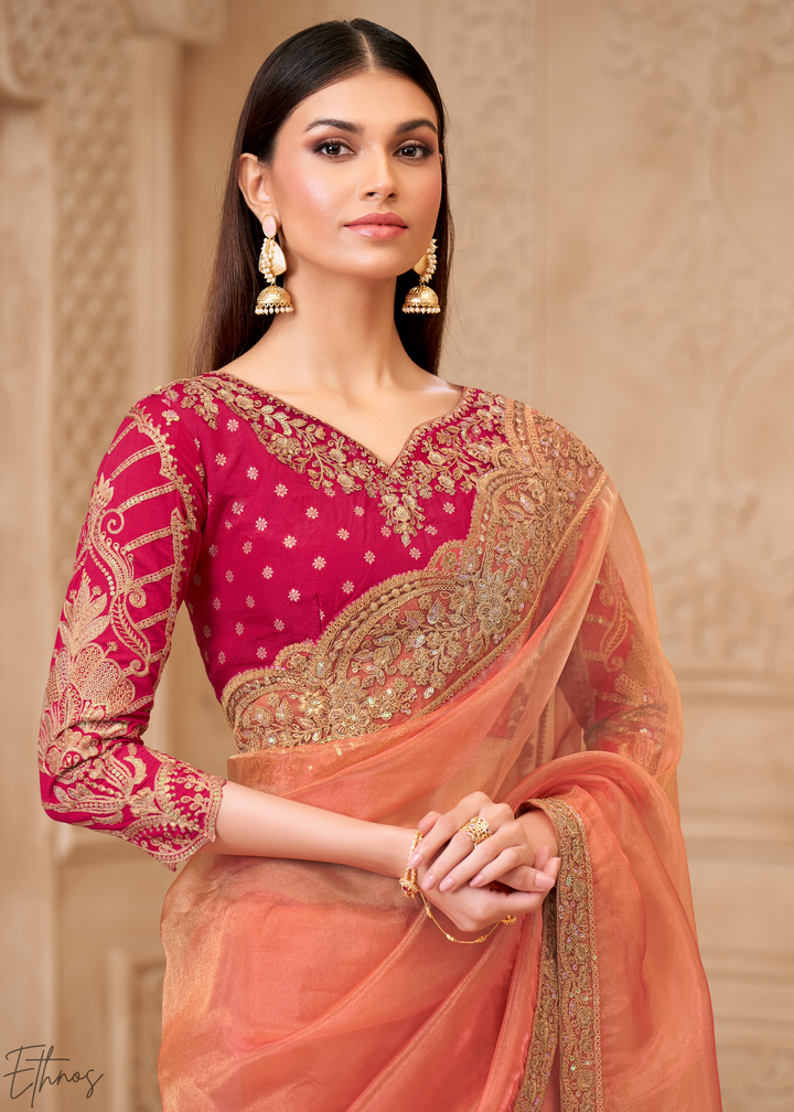 Coral Peach Classic Border Satin Georgette Saree