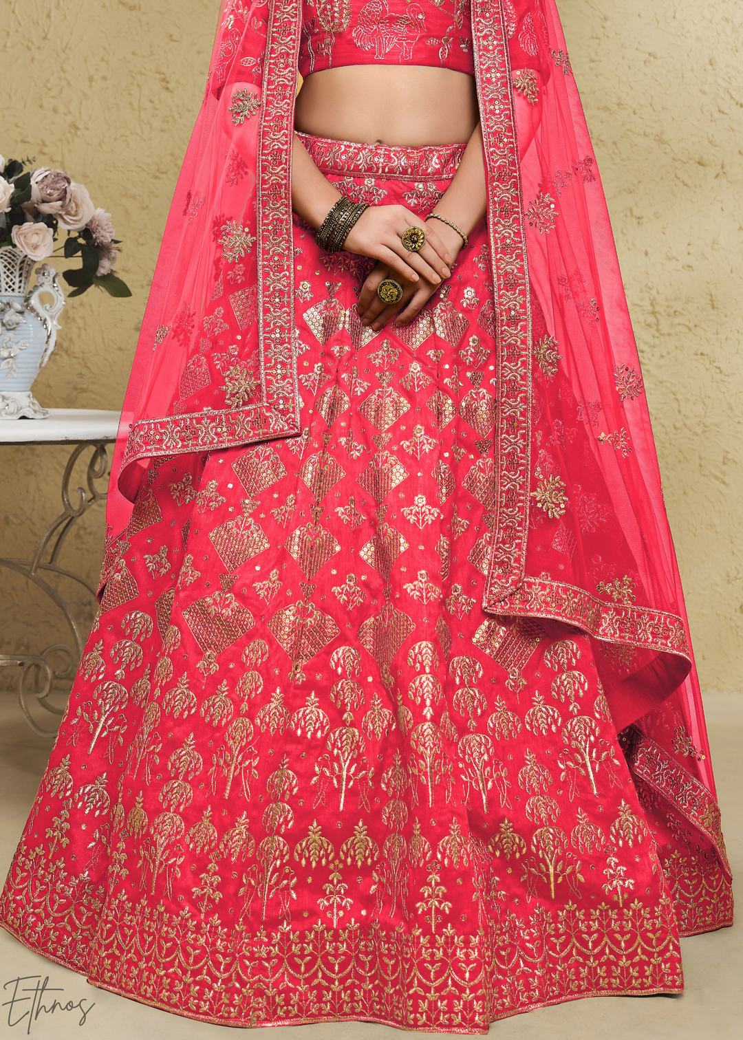 Coral Persian Paisley Gilded Silk Lehenga