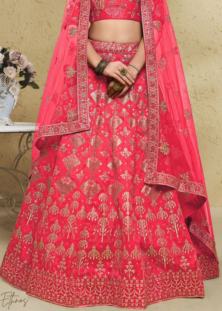 Coral Persian Paisley Gilded Silk Lehenga