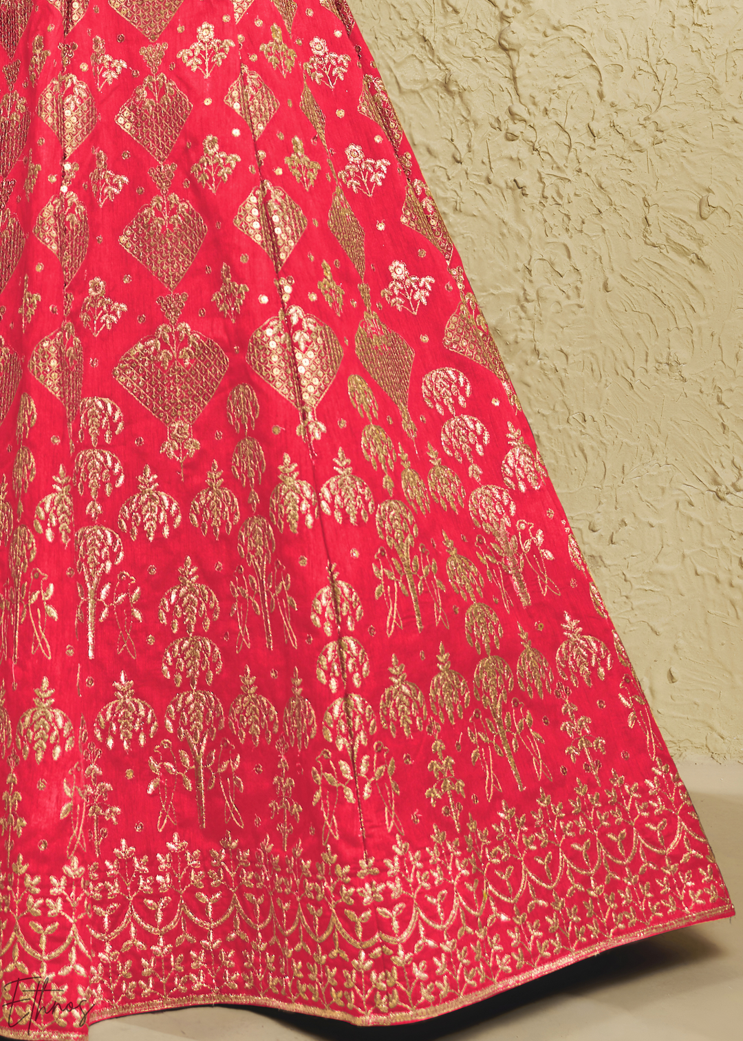 Coral Persian Paisley Gilded Silk Lehenga