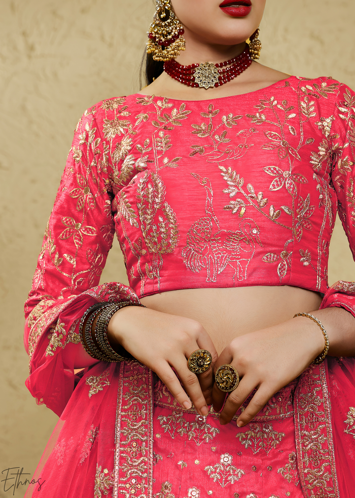 Coral Persian Paisley Gilded Silk Lehenga