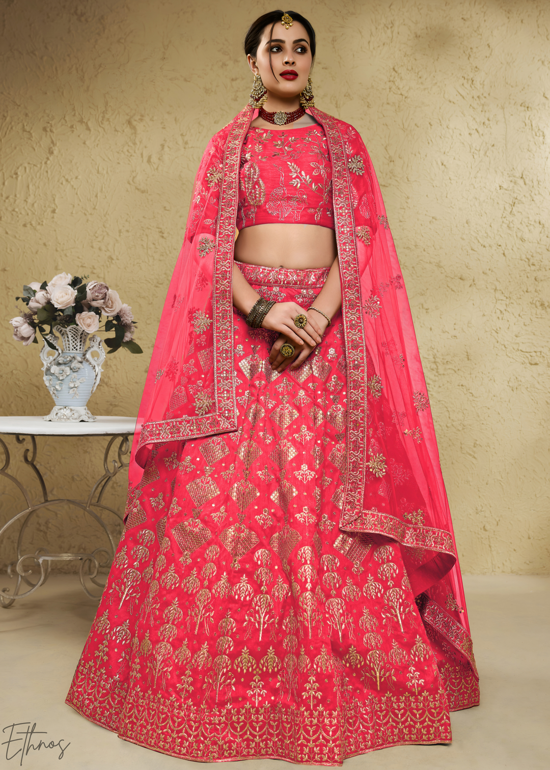 Coral Persian Paisley Gilded Silk Lehenga