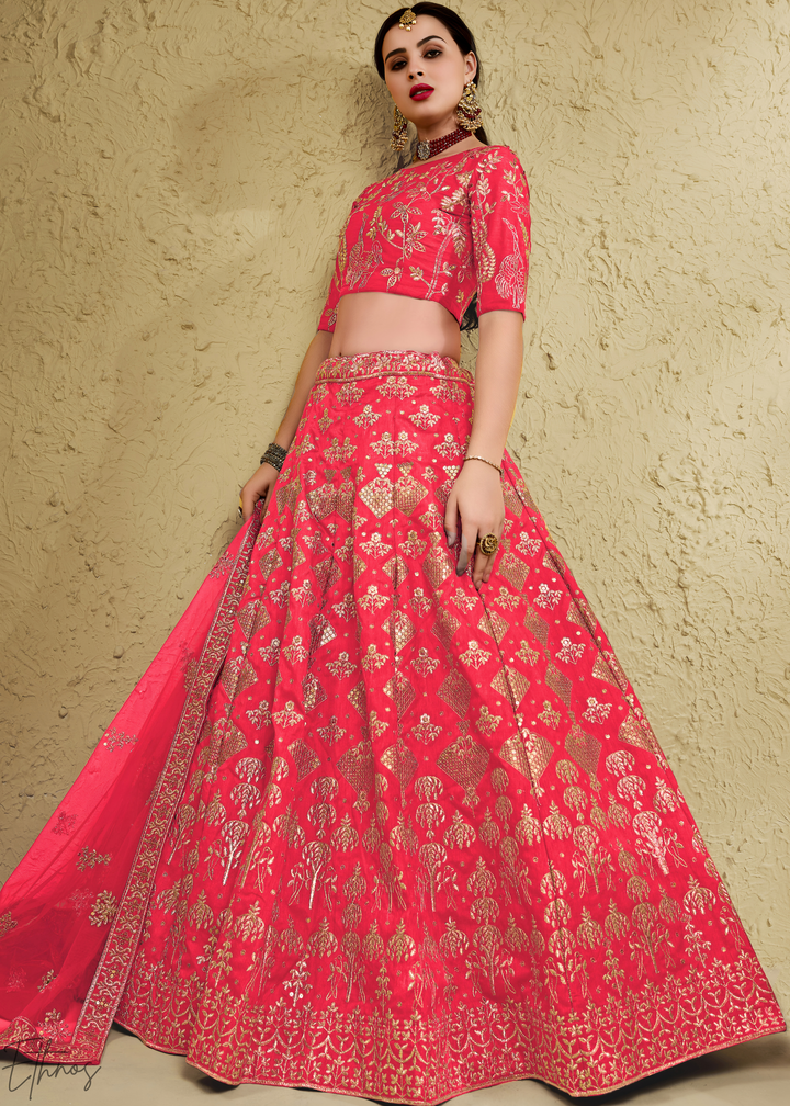 Coral Persian Paisley Gilded Silk Lehenga