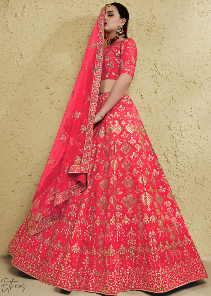 Coral Persian Paisley Gilded Silk Lehenga