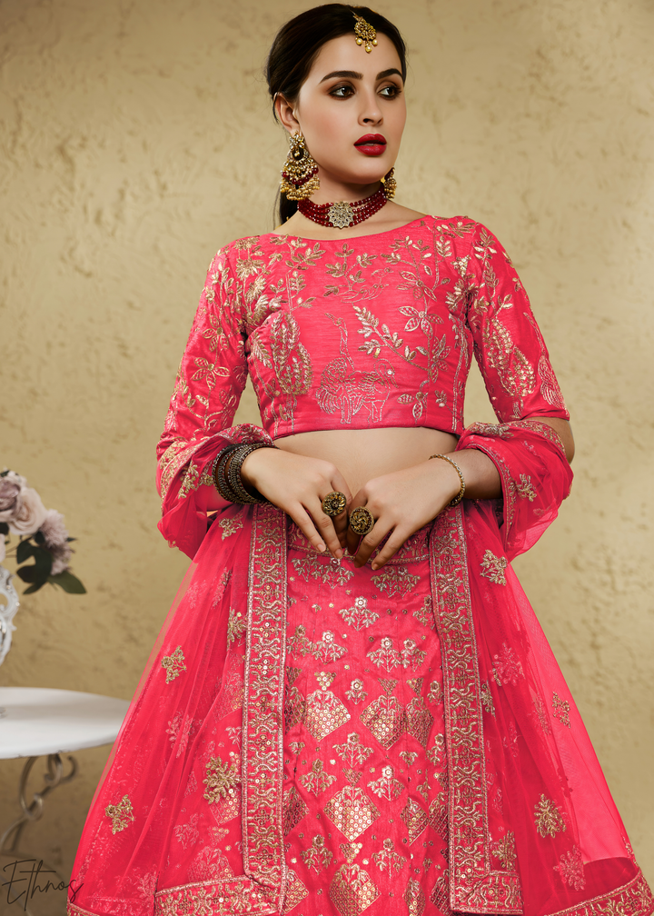 Coral Persian Paisley Gilded Silk Lehenga