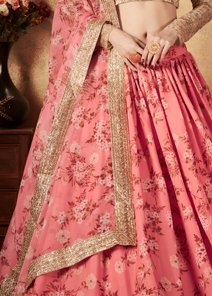 Coral Pink Garden Floral Printed Organza Lehenga Choli