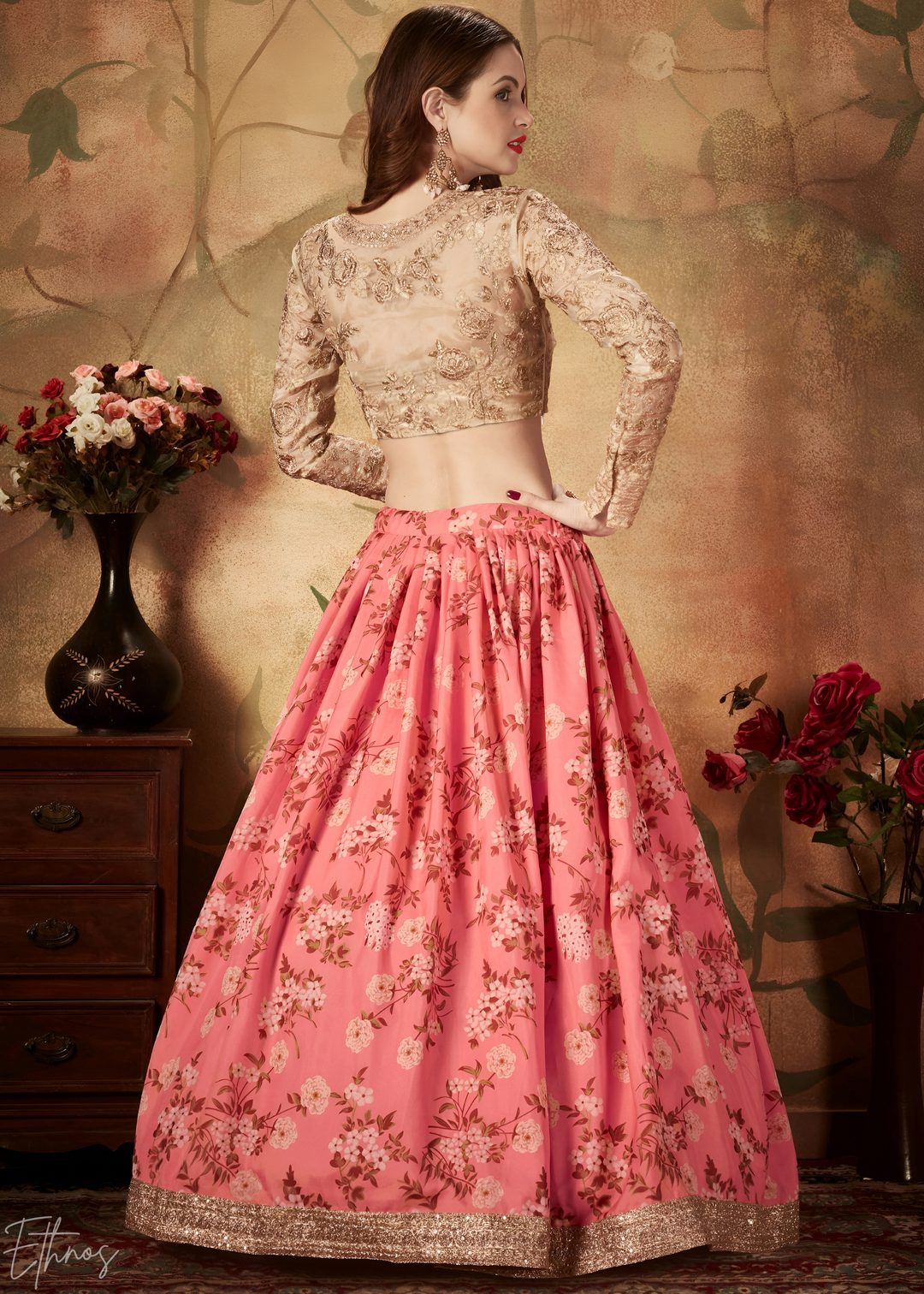 Coral Pink Garden Floral Printed Organza Lehenga Choli